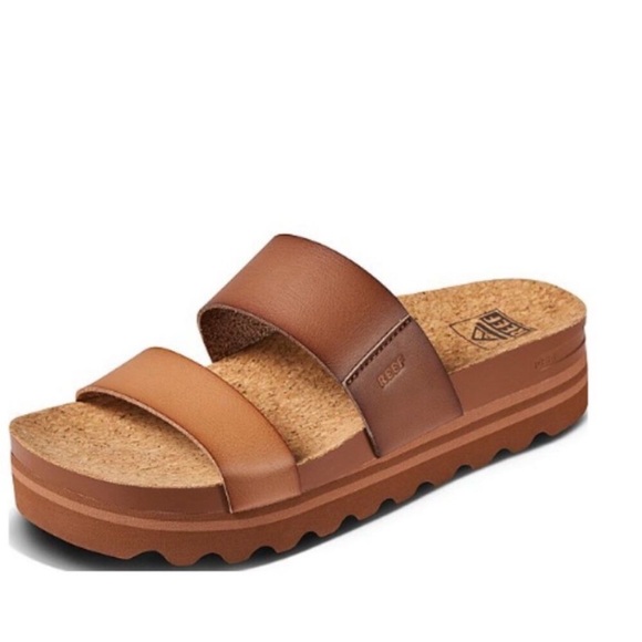 Reef Cushion Bounce Vista Hi Slide Sandals Platform Two Strap Brown Leather - Picture 5 of 12